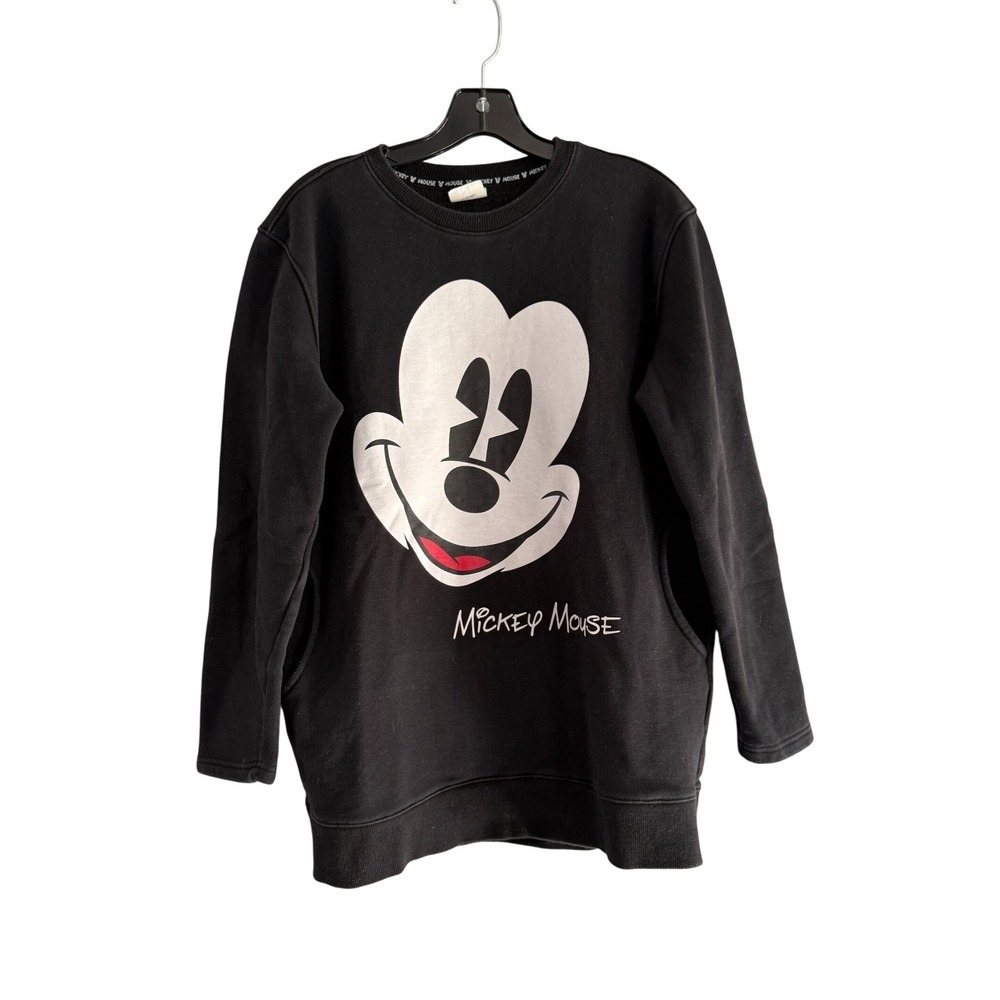 Disney Mickey‎ Mouse Black Crewneck Sweatshirt Graphic Print Pockets